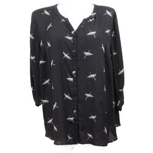 Catherines PLUS 2X (22/24W) Black Sheer Flying Geese Button Down Blouse Tunic